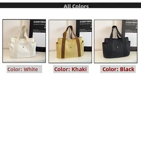 Three minimalist canvas tote bags in white, khaki, and black featuring open side pockets