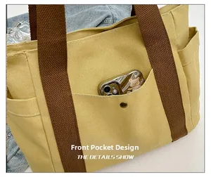 Detail of canvas tote bag front pocket with metal snap button and side storage pocket