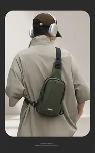Outdoor model wearing military green nylon chest bag with adjustable black strap