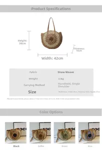 Size chart showing 42x38cm hollow out straw tote bag specifications and color options