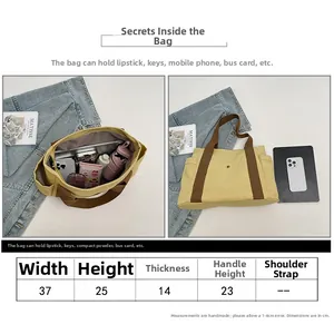Detailed size guide and capacity display for canvas tote bag with 37cm width