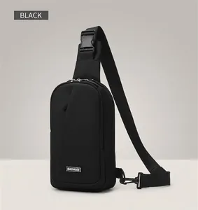 Detail view of durable black nylon chest bag with adjustable strap and front zipper pocket