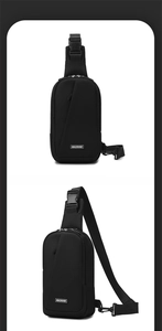 Dual view of black nylon chest bag with adjustable straps and front zip pockets
