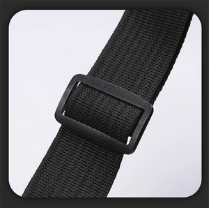 Close-up of durable black nylon webbing and adjustable plastic buckle for crossbody chest bag