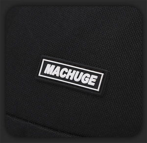 Close-up of MACHUGE logo on black high-density water-resistant nylon mens sling bag