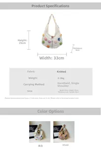 Detailed dimensions of a crochet shoulder bag with colorful floral knit patterns