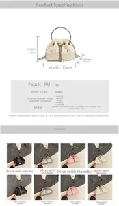Detailed size chart for quilted bucket bag with dimensions 17x14x10cm and strap info