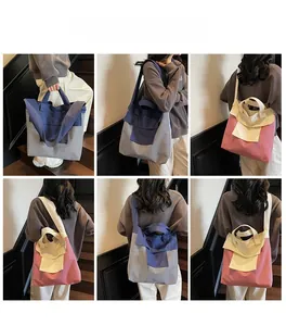 Detailed views of checkered canvas tote bag with flap pocket showing shoulder and hand carry