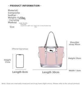 Detailed view of bicolor pink tote bag with silver leather trim and dimensions display