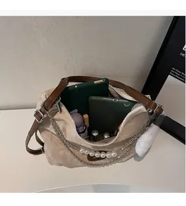 Detailed interior view of a beige tote bag showing large capacity for tablet and items