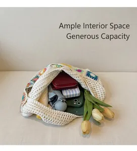 Interior view showing large capacity of floral crochet tote bag with daily essentials