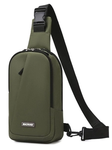 Olive green multifunctional crossbody chest bag with adjustable strap and multi-zipper pockets