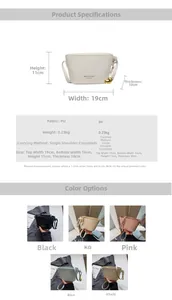 Detailed spec sheet of mini PU crossbody bucket bag with golden heart charm in five colors