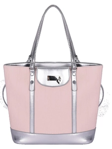 Pink and silver tote bag with metallic heart pendant and long shoulder straps