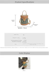Blue PU leather bucket bag detail with M-letter print and size dimensions chart