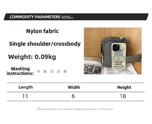 Detailed size guide for gray nylon crossbody phone bag with precise dimensions
