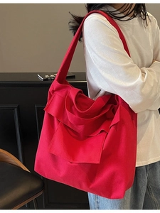 Large red canvas tote bag with multi-pockets and shoulder strap for women fashion