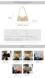 Detailed size guide for PU leather underarm bag with dimensions and multi-color options
