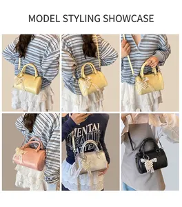 Detailed model shots showing the mini Boston bag worn as a crossbody and handbag style