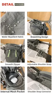 Detail of dark grey nylon phone bag showing waterproof fabric and drawstring closure