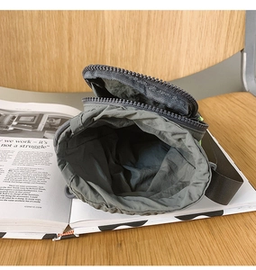 Detailed view of dual zipper functional crossbody bag in grey nylon on a magazine