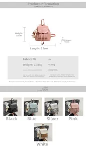 Detailed size specifications and color options for the mini PU leather bucket backpack