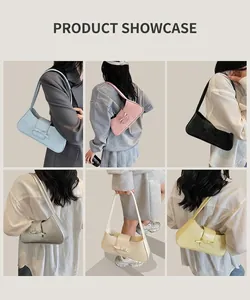 Multiple views of trendy underarm bags in six colors with stylish bow buckle details