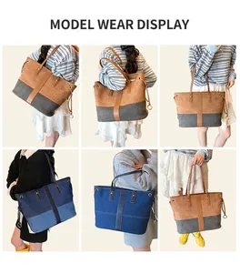 Detailed views of high-capacity canvas tote bag with leather straps on models