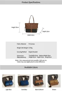 Detailed size chart for large denim tote bag showing dimensions and PU material specs