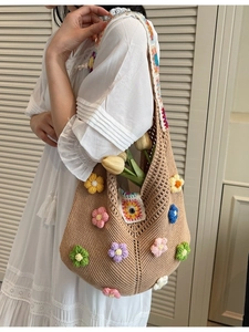 Handmade Crochet Flower Tote Bag Large Capacity Bohemian Knit Shoulder Bag For Women Beach Vacation Resort Handbag