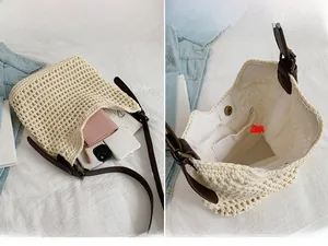Detail of crochet shoulder bag showing magnetic closure and interior storage capacity