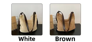 Detailed view of woven hobo bags in white and brown with leather straps