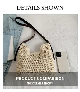 Close-up of cream knit tote bag showing intricate crochet texture and leather shoulder strap