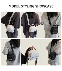 Multiple views showing compact nylon crossbody bag with adjustable straps and front pocket