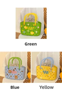 Detail of colorful EVA beach bags with hole design and drawstring linen inner liners
