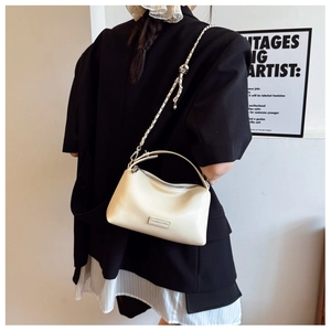 Detail of cream crossbody bag with silver chain strap and brand name metal plate