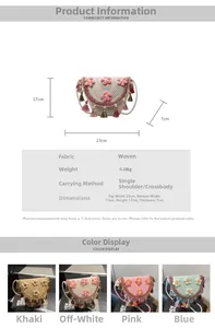 Detail view of woven bucket bag with 3D floral accents and dimensions table