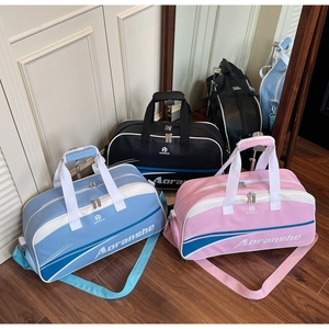 Detailed view of spacious sports travel bags in light blue, black, and pink colors