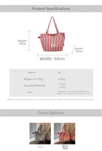 Detailed size chart for large striped canvas tote bag showing dimensions and red-blue colors