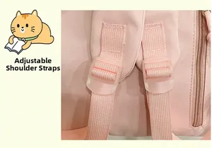 Detail of adjustable nylon shoulder straps with resin buckles on pink backpack