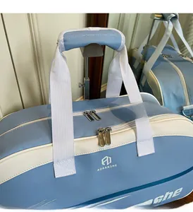 Close-up of blue and white fitness bag with sturdy handles and metal rack display