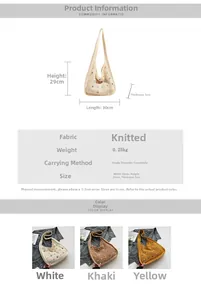 Size chart showing 30x29x5cm dimensions and specs for the knitted shoulder bag