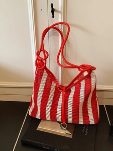 Women Striped Mesh Hollow Out Shoulder Bag Fashion Contrast Color Bucket Bag For Summer Beach Casual Daily Tote Bag