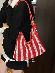 Fashionable red and white striped hollow mesh shoulder bag with a knotted leather strap