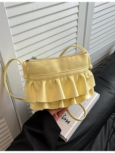 Women Trendy PU Leather Ruffle Bucket Bag Double Layer Pleated Design Fashion Metallic Silver Yellow Crossbody Shoulder Bag