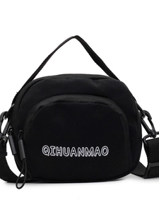 Minimalist black canvas crossbody bag for women featuring white QIHUANMAO lettering detail