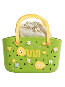 Green EVA hollow tote bag with yellow handles and cute cartoon charms for shower storage