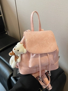 Women Mini Fashion Backpack Wrinkled PU Patent Leather Bucket Bag Korean Style Student School Bag With Plush Bear Pendant