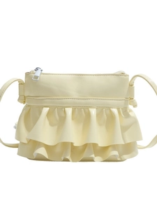 Light yellow pleated PU leather crossbody bag with ruffled design and silver zipper detail