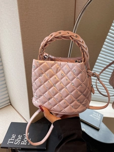 Borsa a Secchiello Trapuntata con Strass da Donna in Pelle PU Moda Manico Intrecciato Borsa a Tracolla Estiva Versatile